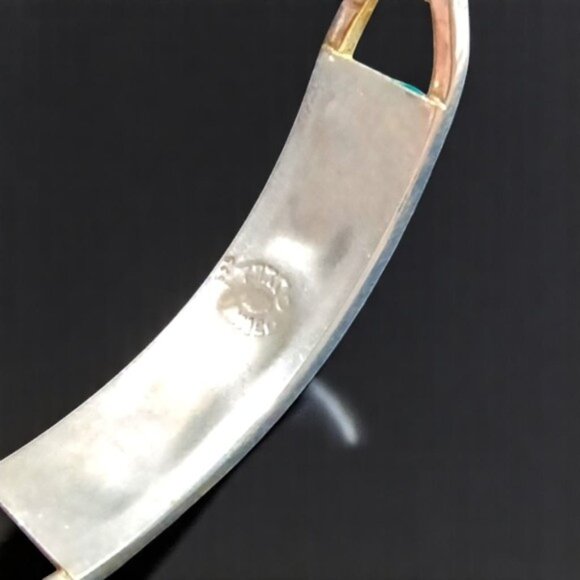 Vintage Silver .925 Hinged Bracelet Taxco‎ Mexico Abalone Flower Green Malachite - Picture 4 of 4